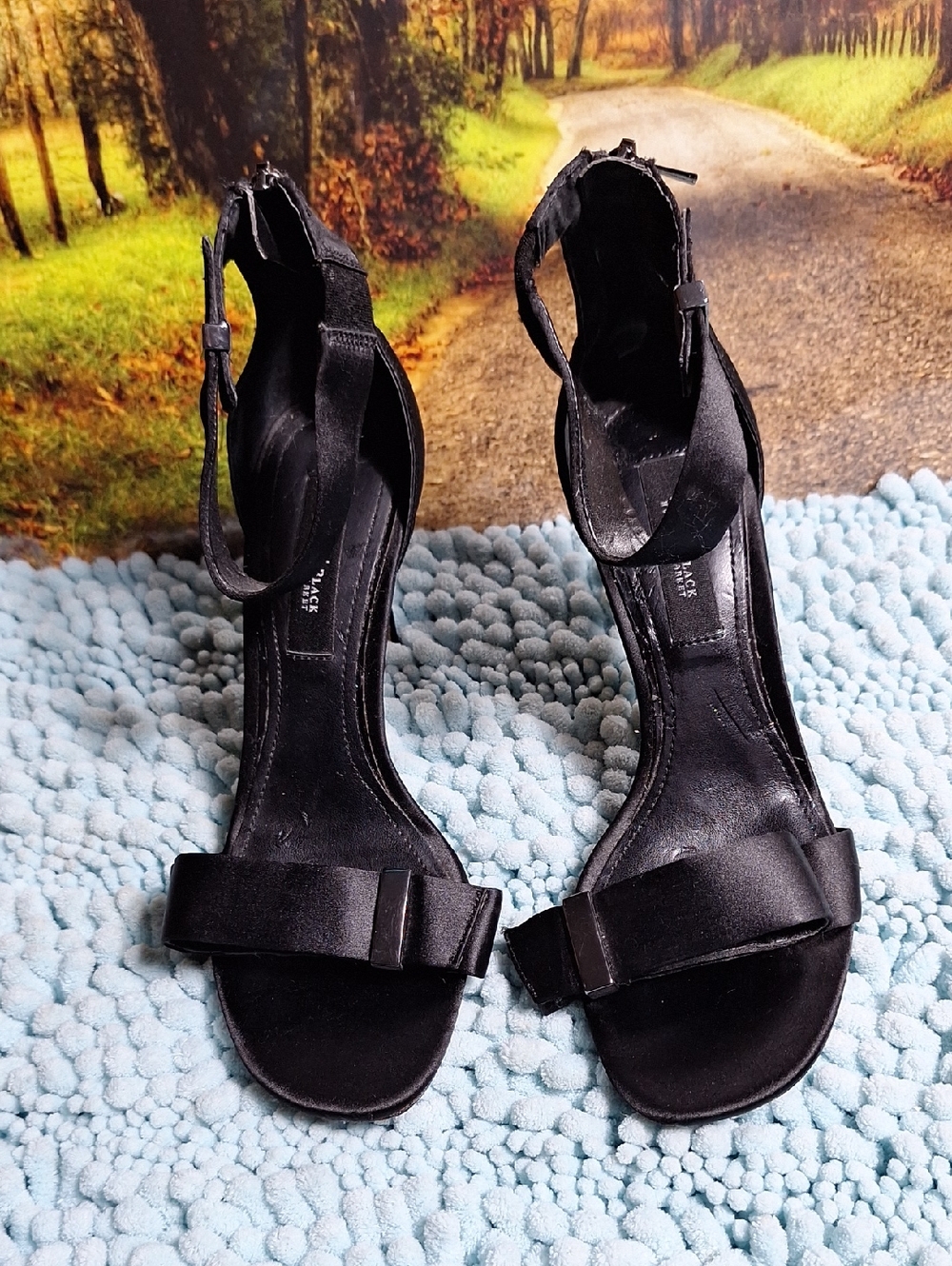 White House Black Market Black Satin Ankle-Strap Bow Heels